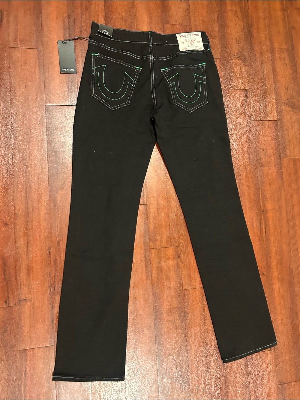 NWT True Religion Ricky Relaxed Straight Jeans Men’s 31x34 Black Green Stitch